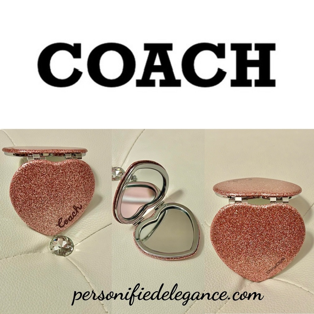 NEW Coach Dusty Rose Pink Silver Glitter Heart Shaped Dual Sided Compact Mirror